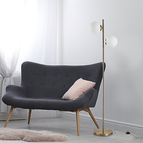 Lampadaire design néo-rétro 2 boules max. 40 W métal doré
