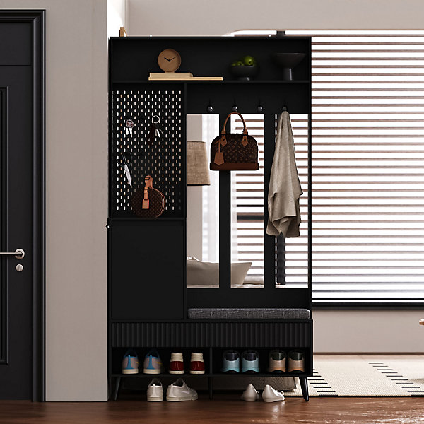 Meuble d'entrée - Vestiaire d'entrée avec Banc à Chaussures, 4 Crochets et 2 Tiroirs, Meuble entrée MDF - 100x35x180 cm, Noir