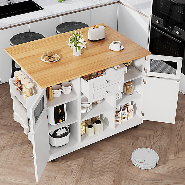 Îlot cuisine avec plan de travail, portes 3D, veinage bois, roulettes, cloisons réglables - blanc