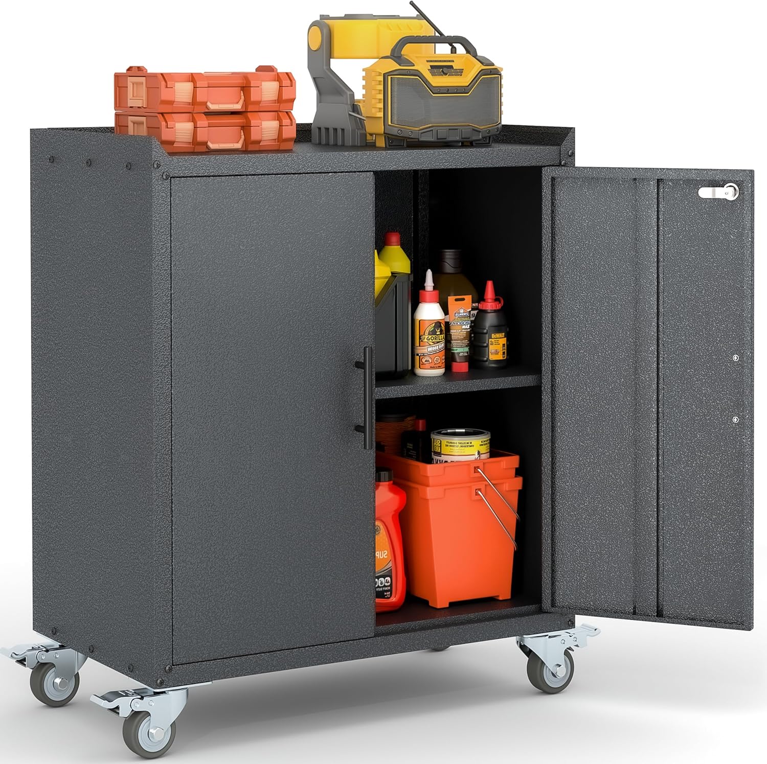 Metal Storage Cabinet with Wheels,Rolling Tool Cabinets with Doors and Adjustable Shelves,Lockable Garage Storage Cabinet,Heavy Duty Tool Chest for Home Office Utility Room,Assembly Required