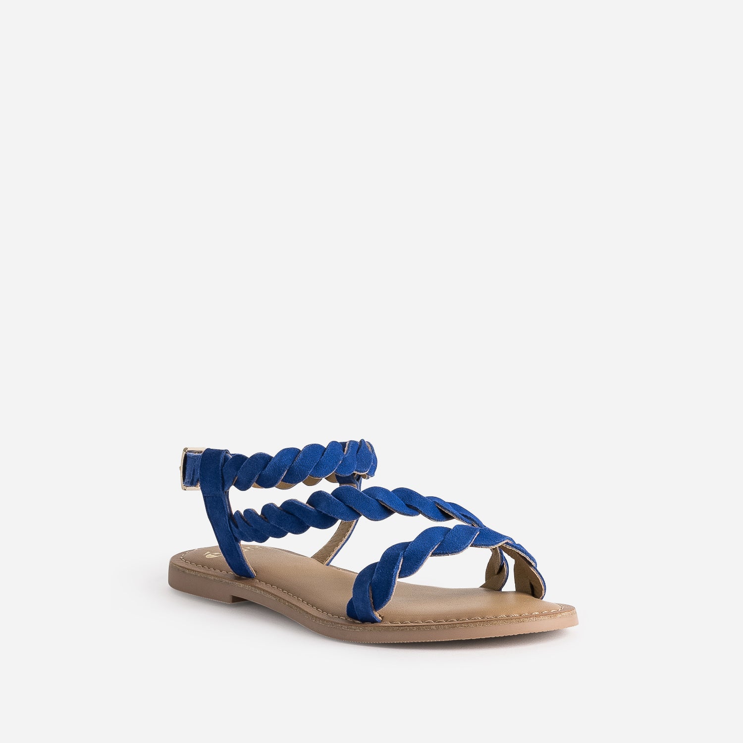 Sandale bleue en cuir velours à brides entrelacées