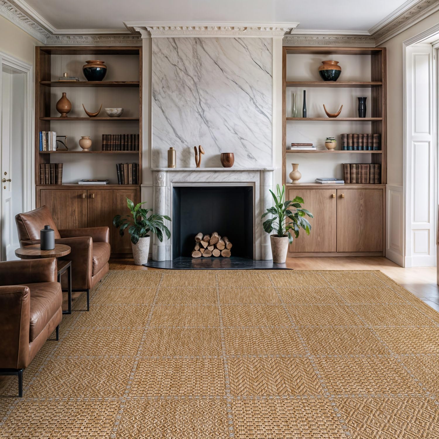 Beverly Rug Easy Jute Checkered Squared Rug 9x12 Washable Large Indoor Outdoor Area Rugs for Living Dining Room Patio Office Stain Resistant Non Shedding Casual Indoor Outside Carpet 9 x 12 Natural