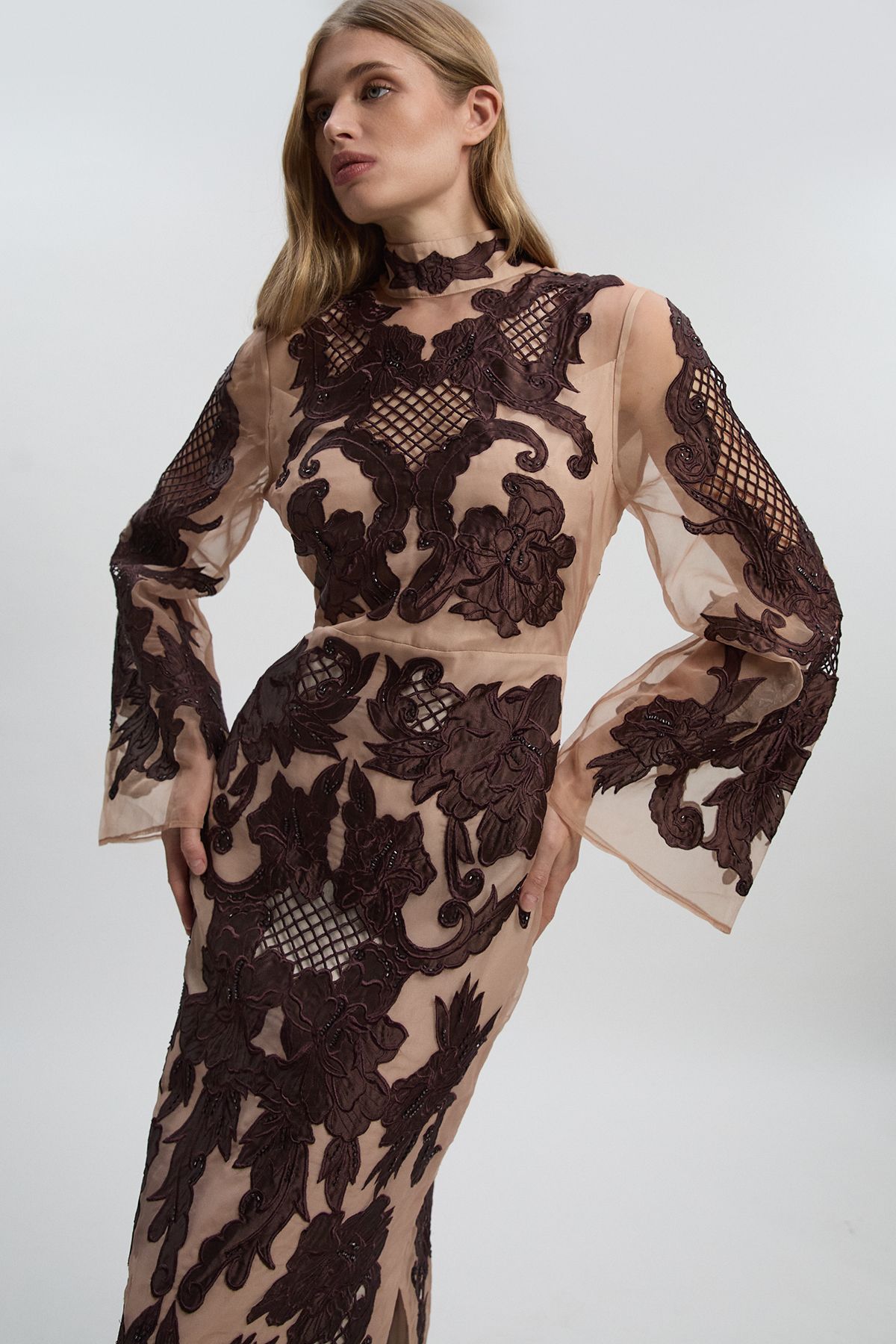 KarenMillen Baroque Organdie Applique And Beaded Bell Sleeve Woven Midi Dress