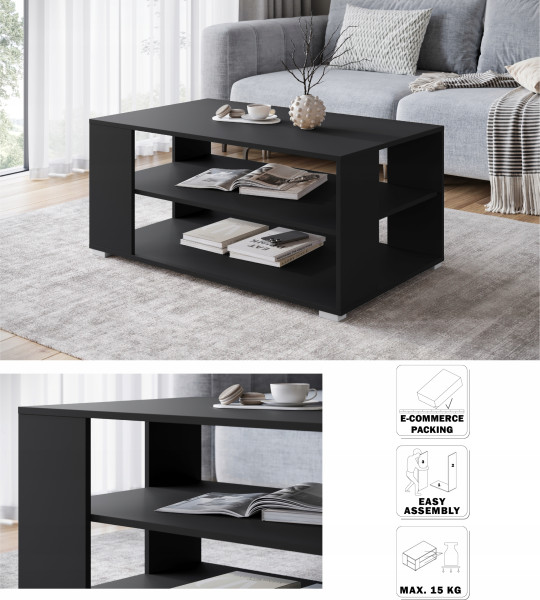 Nowoczesny stolik kawowy do salonu, połka i schowek, 90 cm, czarny mat