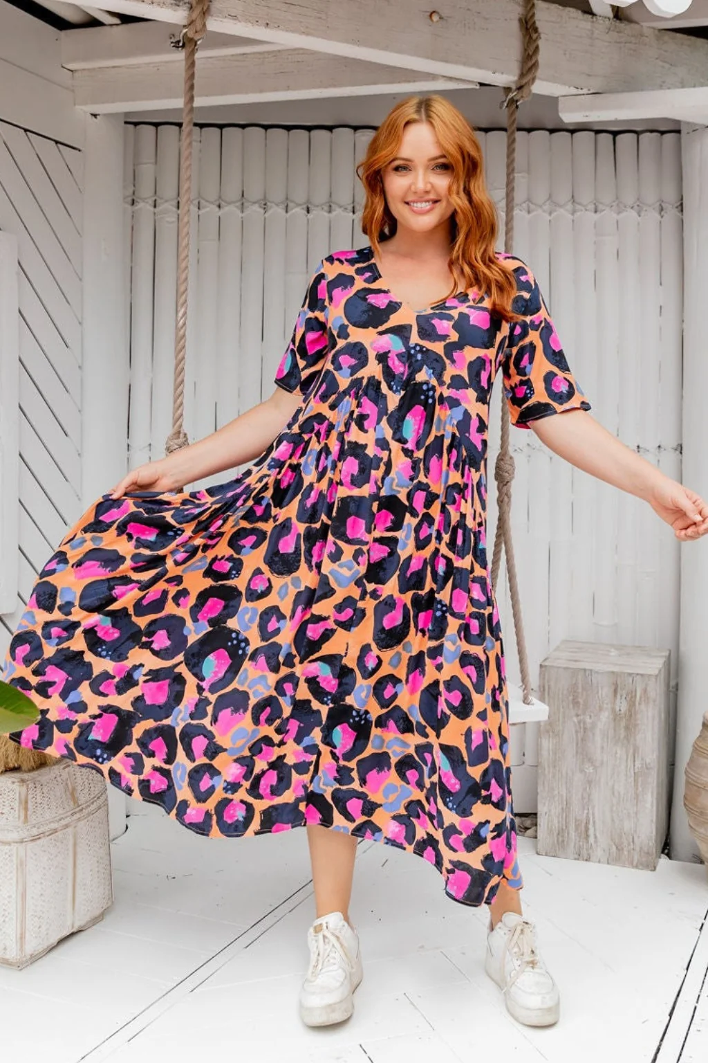 Peak Midi Dress in Sherbie - Peach Leopard by Kasey Rainbow