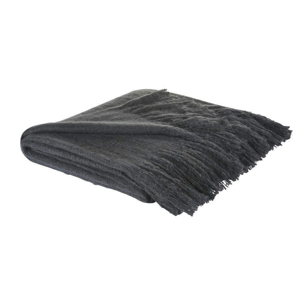 LIZEA - Plaid gratté gris anthracite à franges 150x200