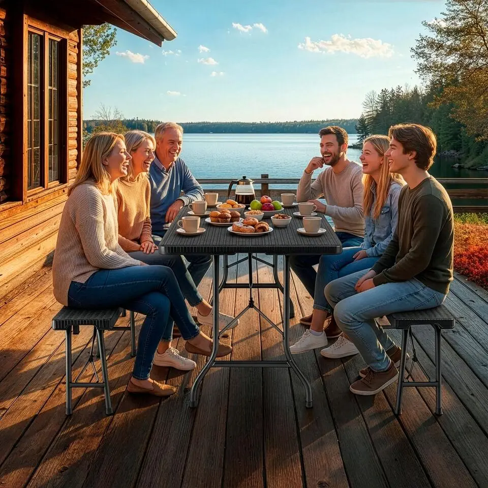 tectake Campingtafelset Vani inklapbaar in wicker-look, Zwart-Wicker Look