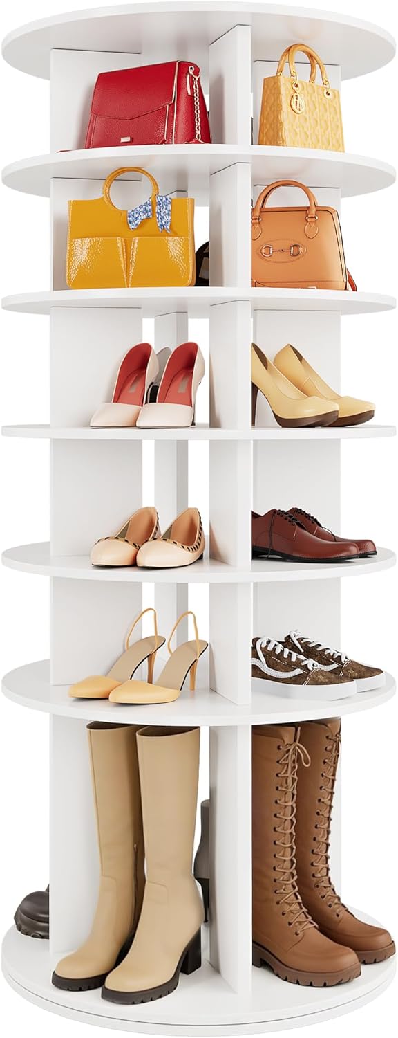JUMMICO Rotating Shoe Rack Tower, 6-Tier Vertical Closet Storage Organizer for Shoes, Handbags & Tall Boots, 360° Spinning Lazy Susan Base, Space-Saving for Bedroom & Closet (White)
