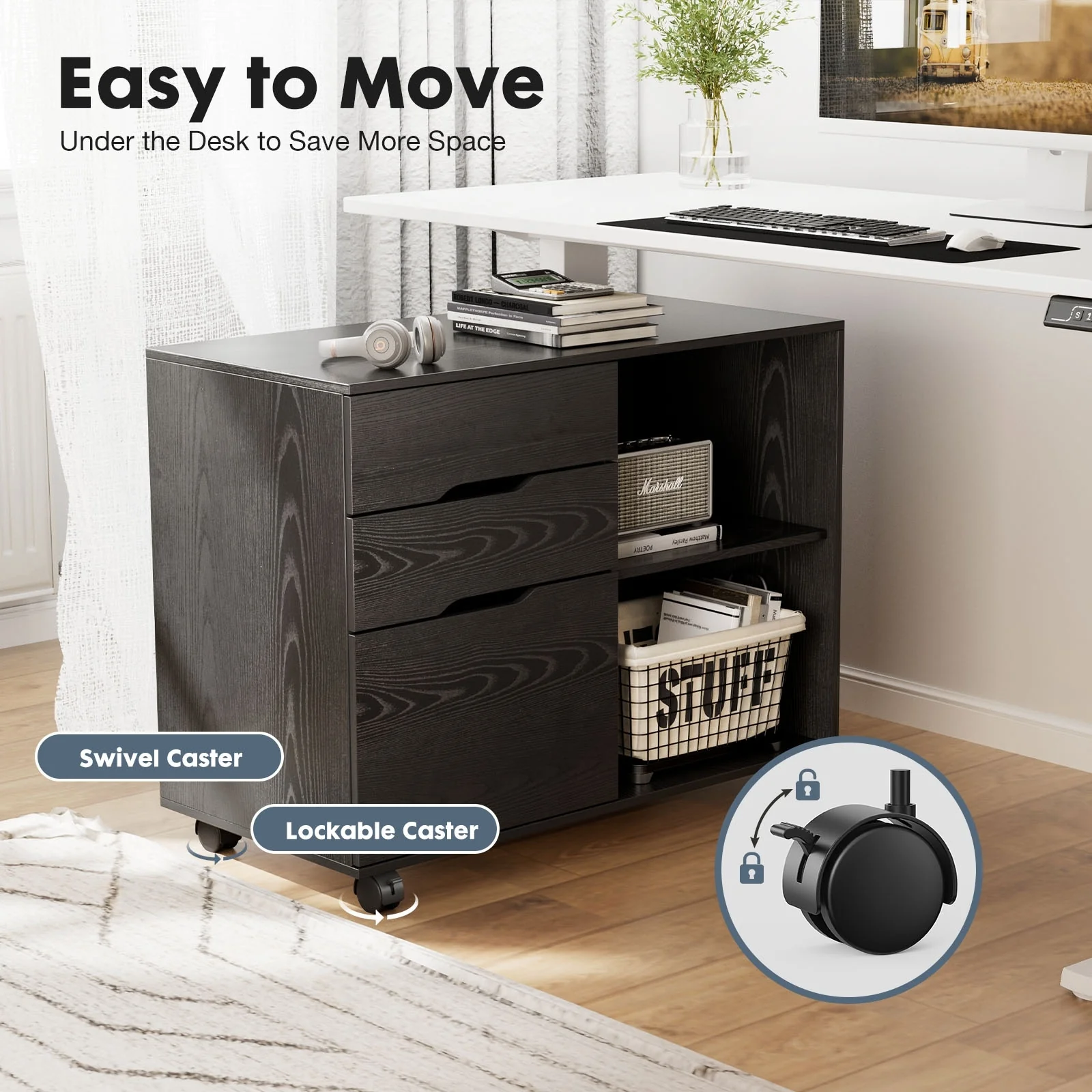 3-Drawer Dresser, File Cabinet, Mobile Lateral Filing Cabinet, Printer Stand with Open Storage Shelves for Kids Room
