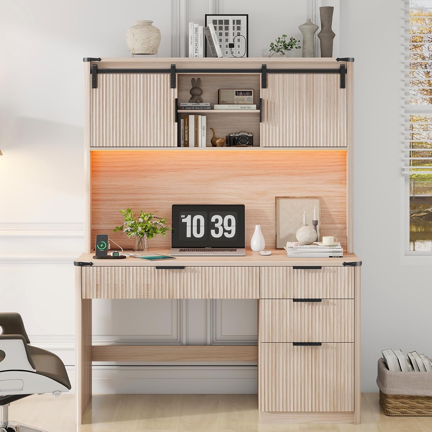 Farmhouse 67 H Executive Desk with Fluted Drawers,4 Drawers Fluted Computer Desk with LED Light,Charging Hub,Wood Workstation with Hutch and Sliding Barn Doors for Work and Study