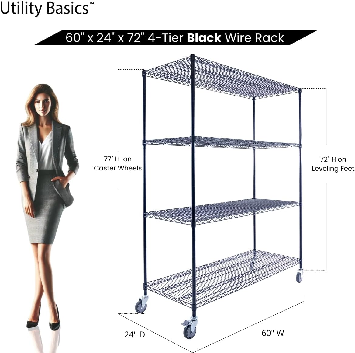 NSF Commercial 4-Tier Wire Shelving with Wheels, 60x24x72 Heavy Duty Metal Shelves 3200 lbs Max Capacity, Black Storage Rack for Garage Kitchen Pantry Warehouse