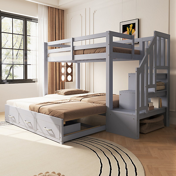 Lit superposé 90 x 200 cm en bois, lit enfant, lit gigogne 90/180 x 190 cm, échelle de rangement et nombreux tiroirs, gris