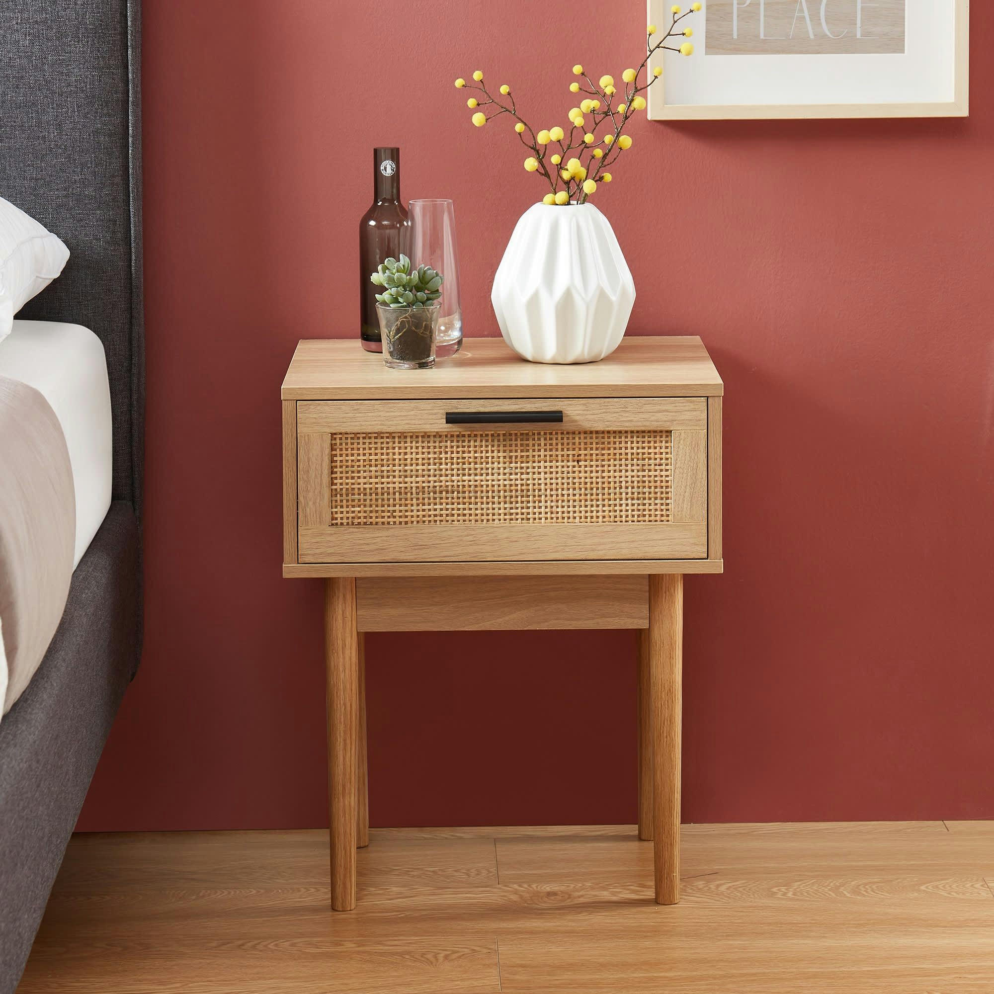 AMANA - Lot de 2 chevets  effet chêne et cannage rotin 40cm