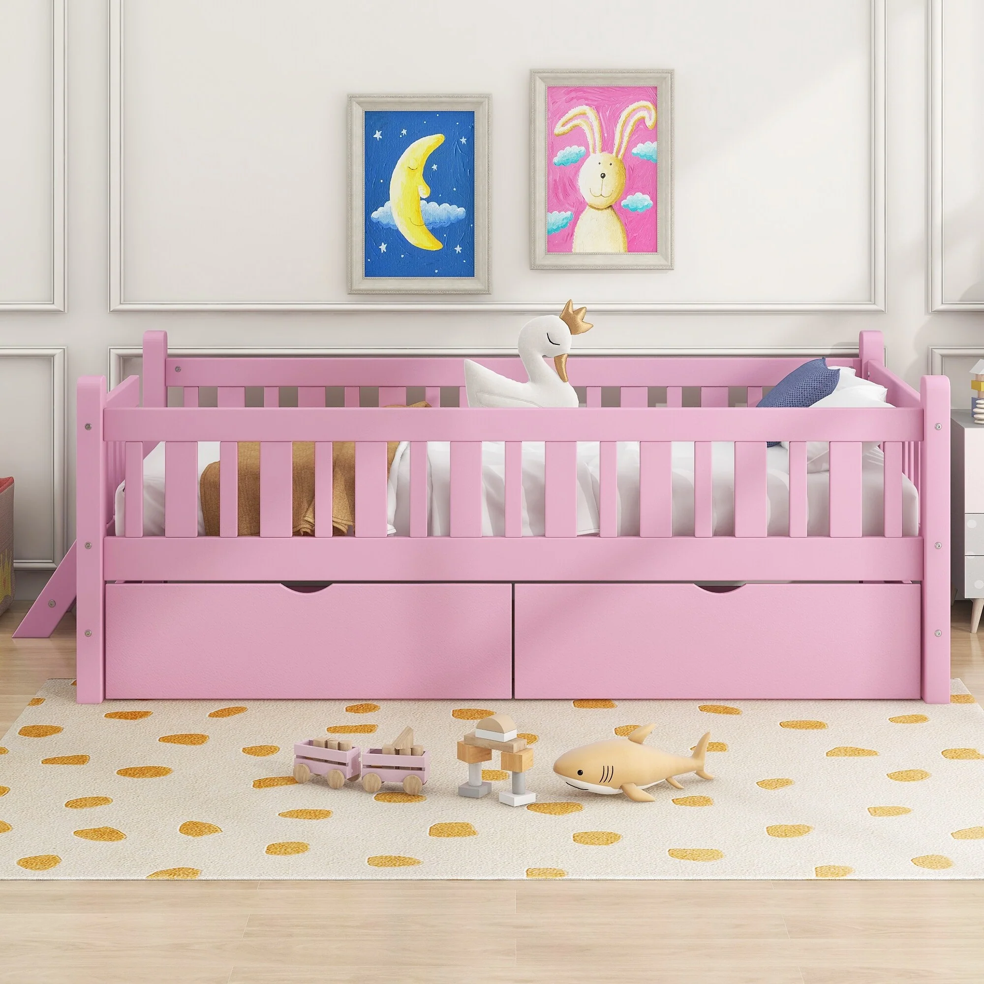 Low Twin Platform with 2 Drawers & Guardrails for Kids Room
