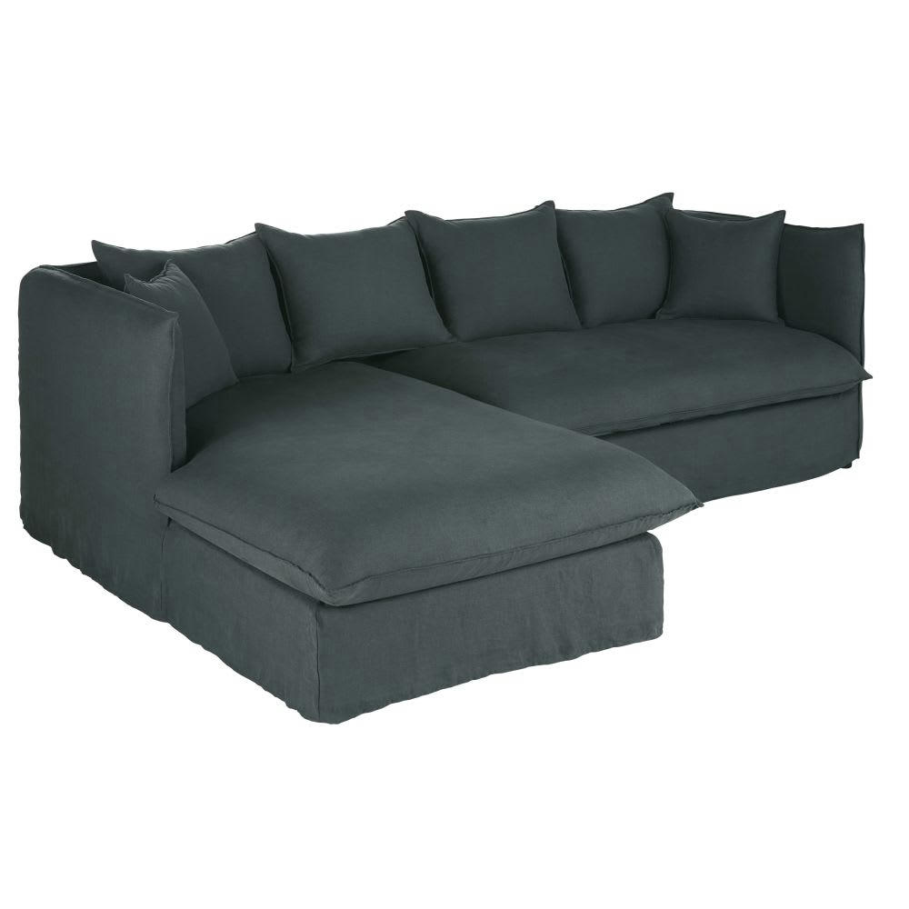 Louvain - Canapé d'angle gauche 3/4 places en lin froissé gris anthracite