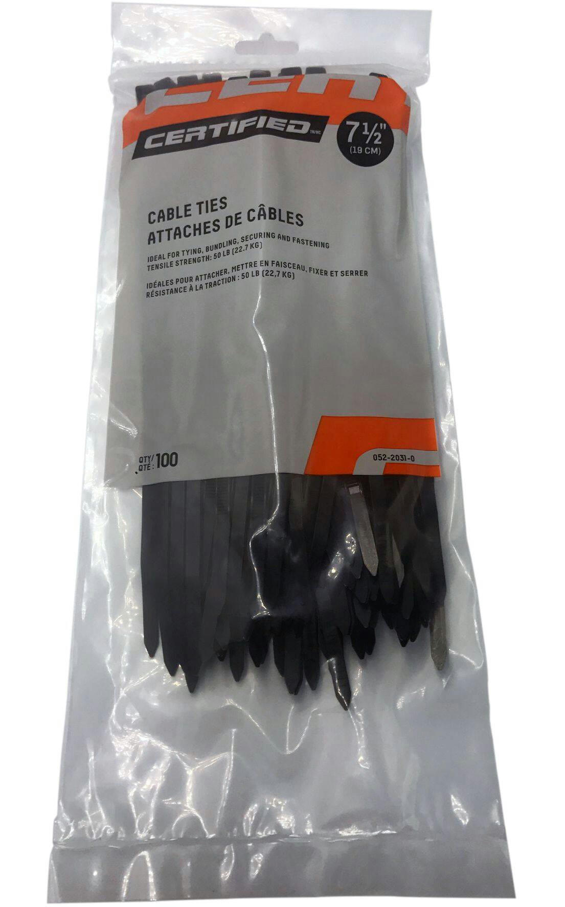 Certified  Medium Duty Cable Ties with 50-lbs Tensile Strength, UL Listed, Black, 7.5-in, 100-Pk