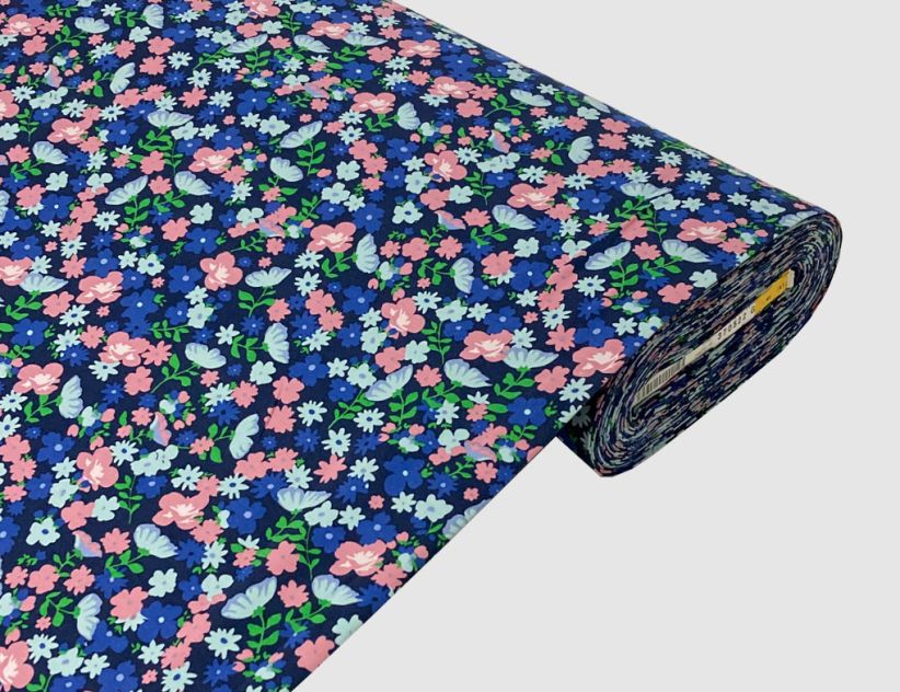 Jerseystoff Blümchen Blau, Bunt