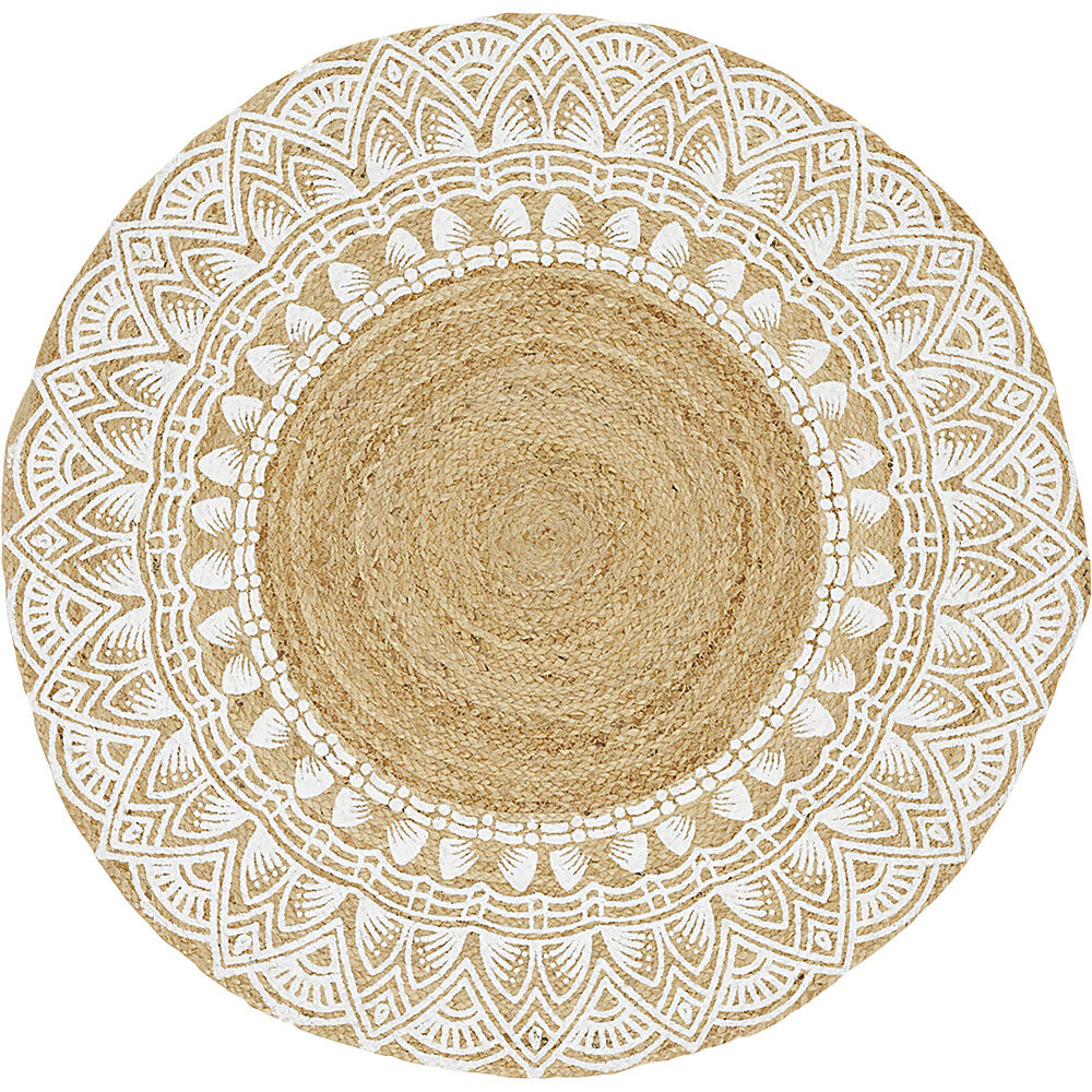 Tapis rond jute motif contour blanc
