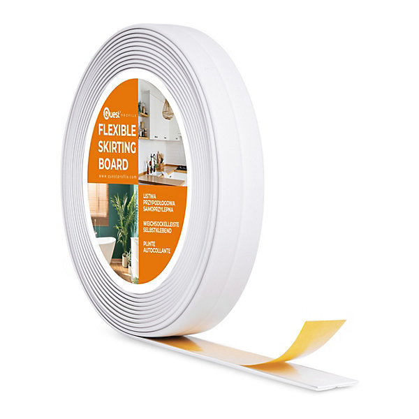 Moulure Souple en PVC 10x10 mm, Auto-Adhésive avec Bande Mousse, Plinthe Souple, pour Finitions et étanchéité des Jonctions, blanc