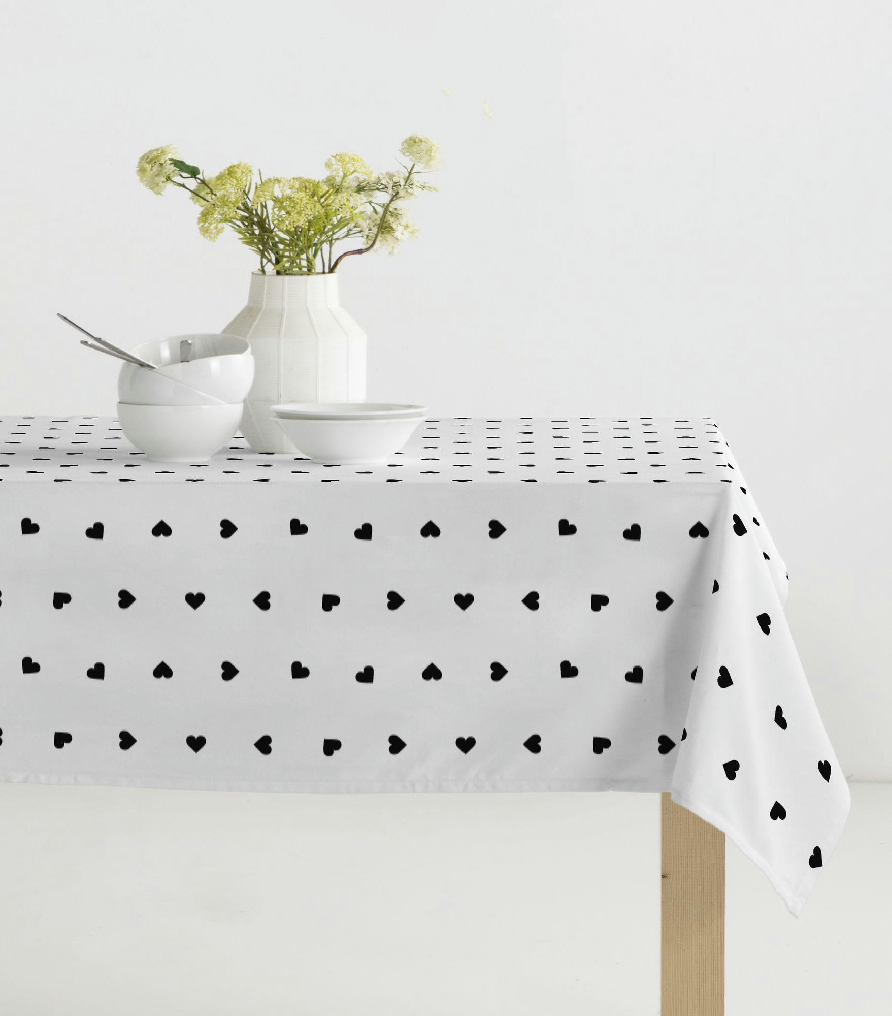 AMORE BLANCO - Nappe imprimée blanc avec traitement anti-taches en coton 140x300 cm