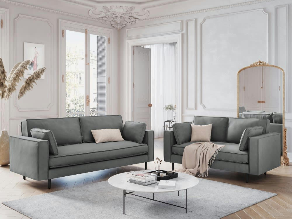 ALEXIS - Canapé 3 places en velours gris clair