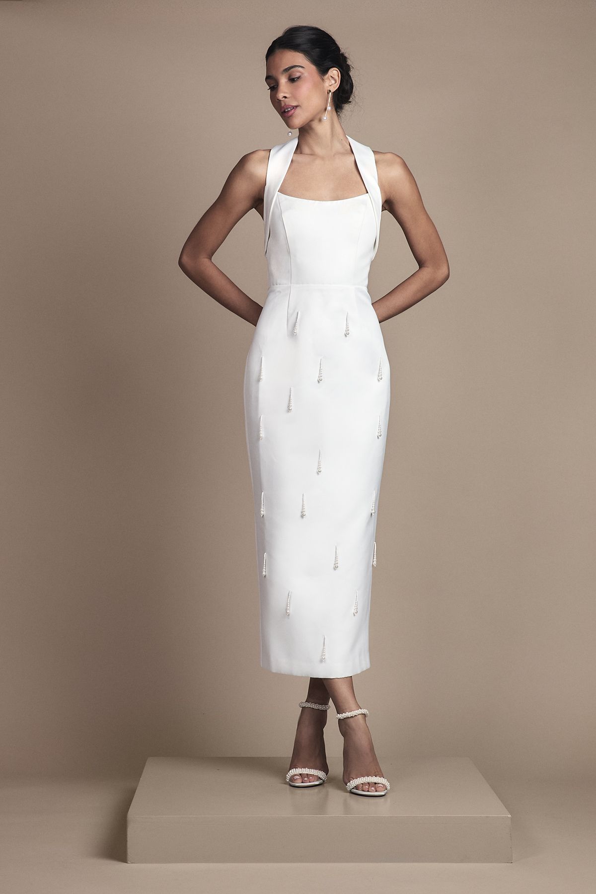 Coast Halter Satin Midi Wedding Dress With Pearl