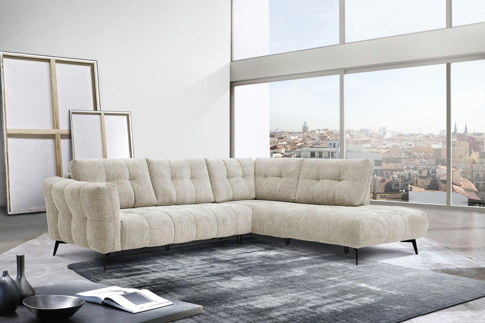 KALMER - Canapé d'angle droit 5 places tissu beige