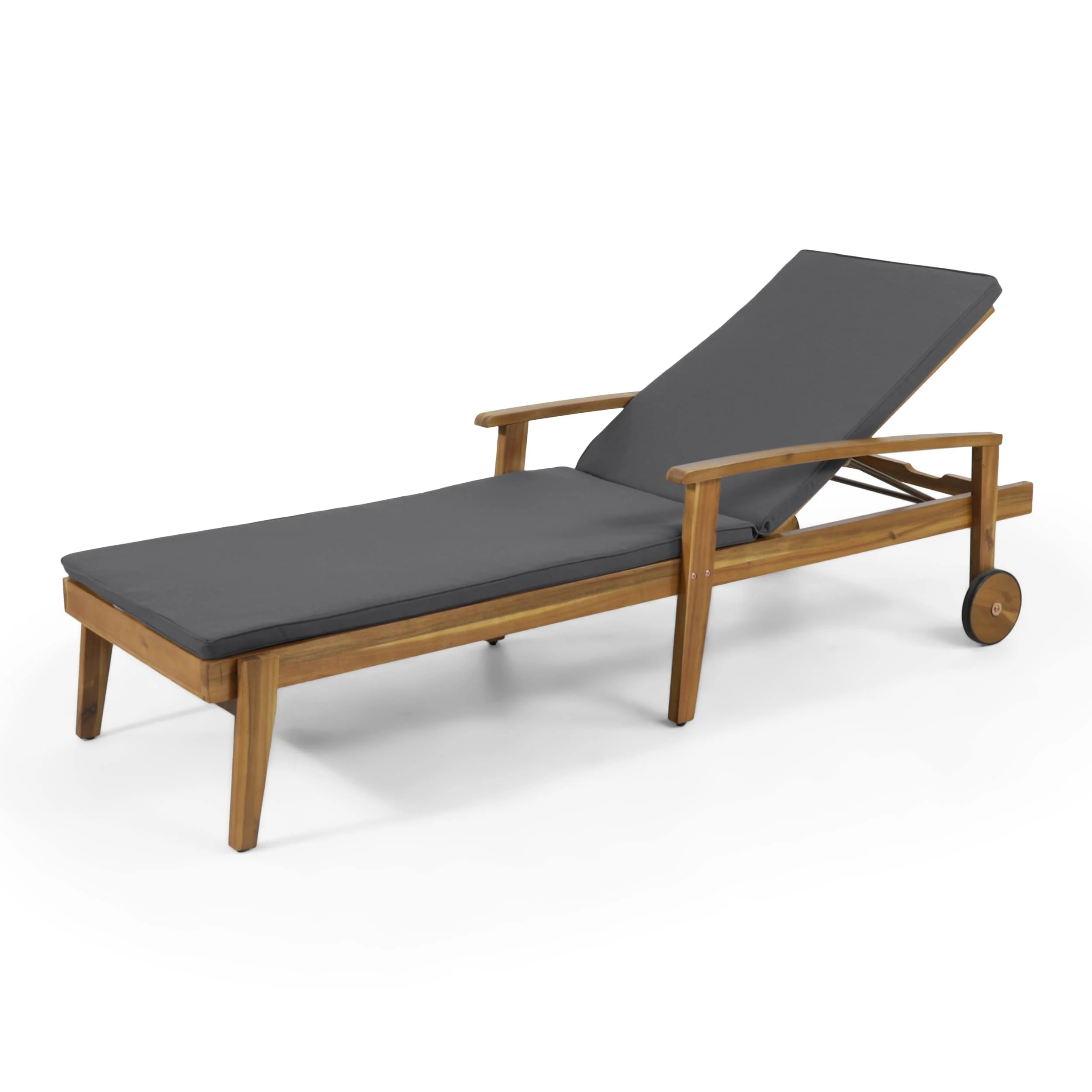 Outdoor Wood Chaise Lounge Chair with Wheels and Cushion, Adjustable Backrest for Poolside Patio