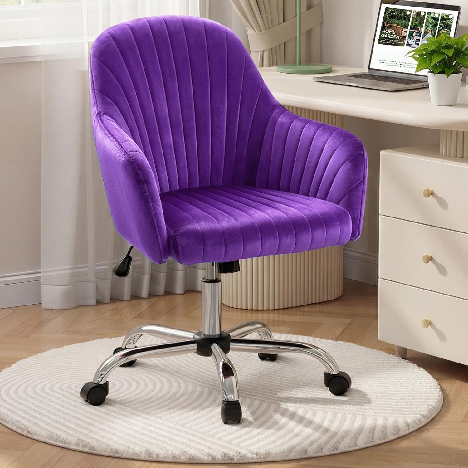 Warmiehomy Office Chair, Velvet Desk Chair for Home Office, Cozy Vanity Chair, Girl Cute Makeup Chair with Arm Rest for Bedroom Dressing Room (Velvet Plum Purple)