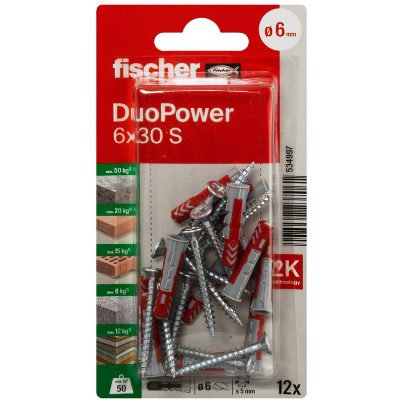 Cheville DuoPower S en nylon avec collerette et vis Ø 6 x 30 mm 12 pièces
