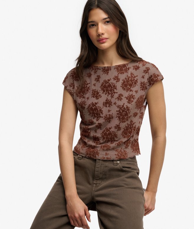 Flocked Mesh Short Sleeve Top