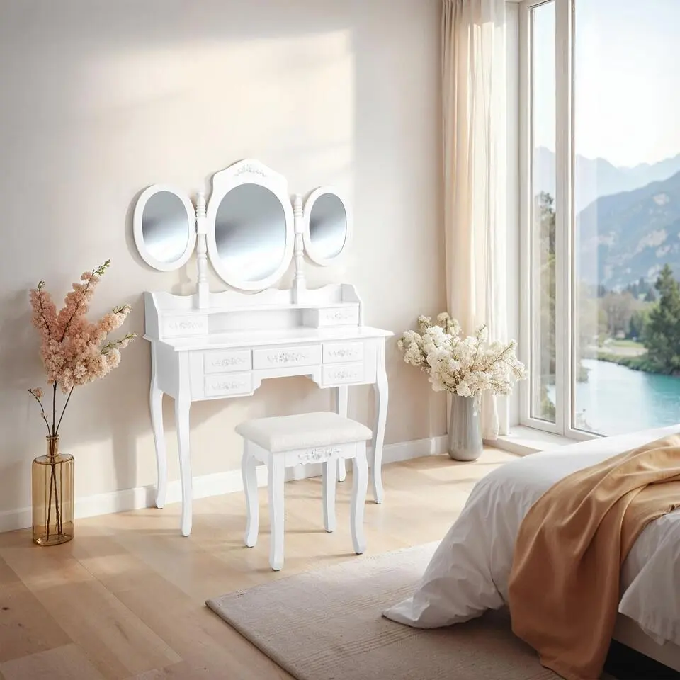 tectake Makeup-tafel met 7 lades, spiegel en hocker in antieke look, Wit