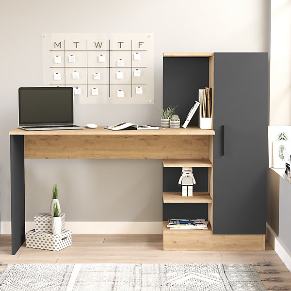 Bureau Varhalo avec armoire intégrée 120 x 153 x 40 cm effet chêne anthracite en.casa