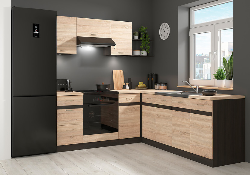 Komplet kuchenny narożny Junona Line 200x220 lewy dąb sonoma bez blatu