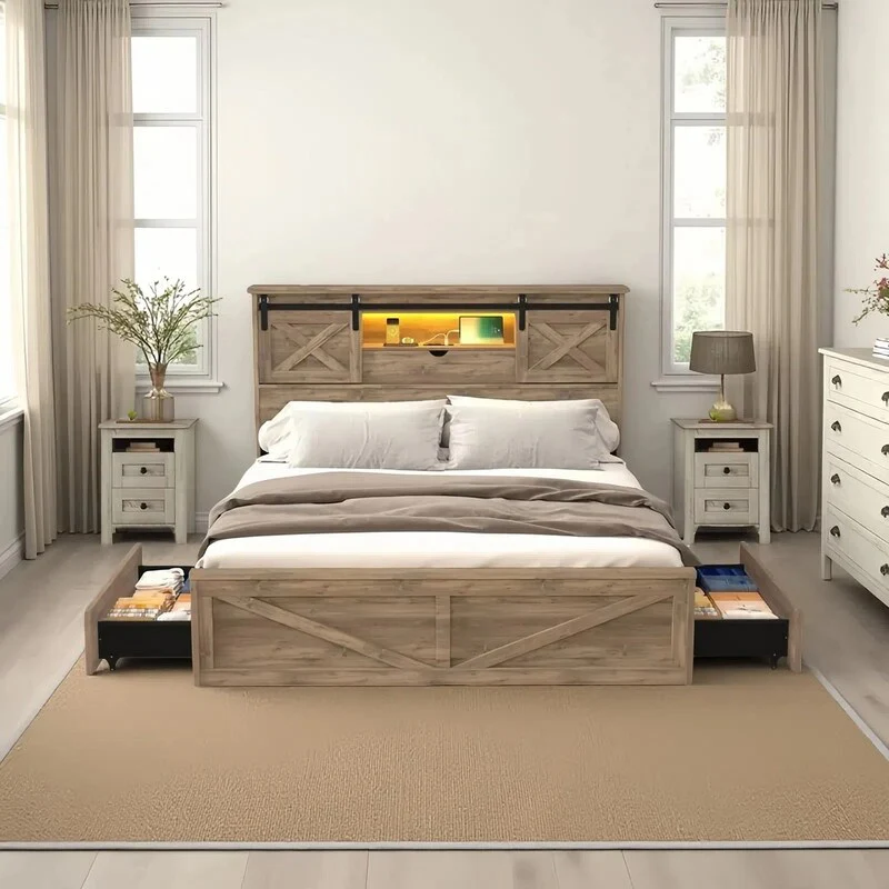 3-Pieces Bedroom Sets ,Farmhouse Bed Frame Queen Size with LED Lights and Charging Station,Nightstands Set of 2 with 2-Drawer