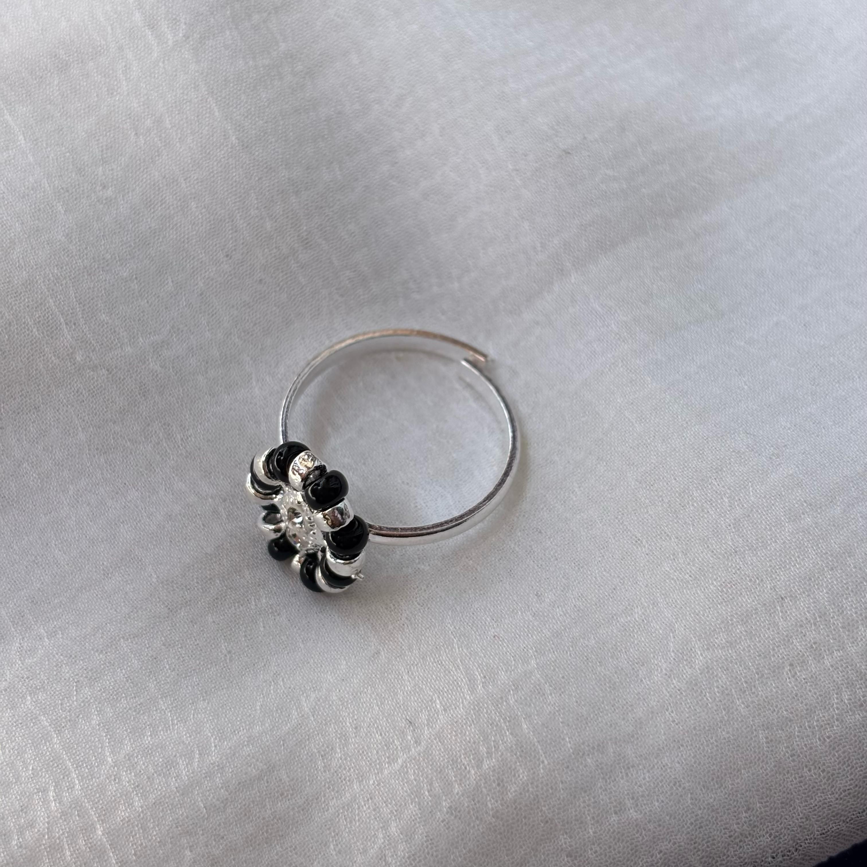 The Colourful Aura Adjustable Silver Black Floral Slim Daisy Dainty Midi Ring