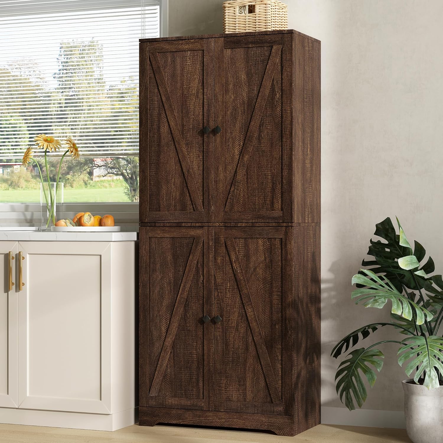 Kitchen Pantry Cabinet, 72” Tall Farmhouse Storage Cabinet with 4 Barn Doors and Adjustable Shelves, Pantry Storage for Kitchen, Living Room, Brown