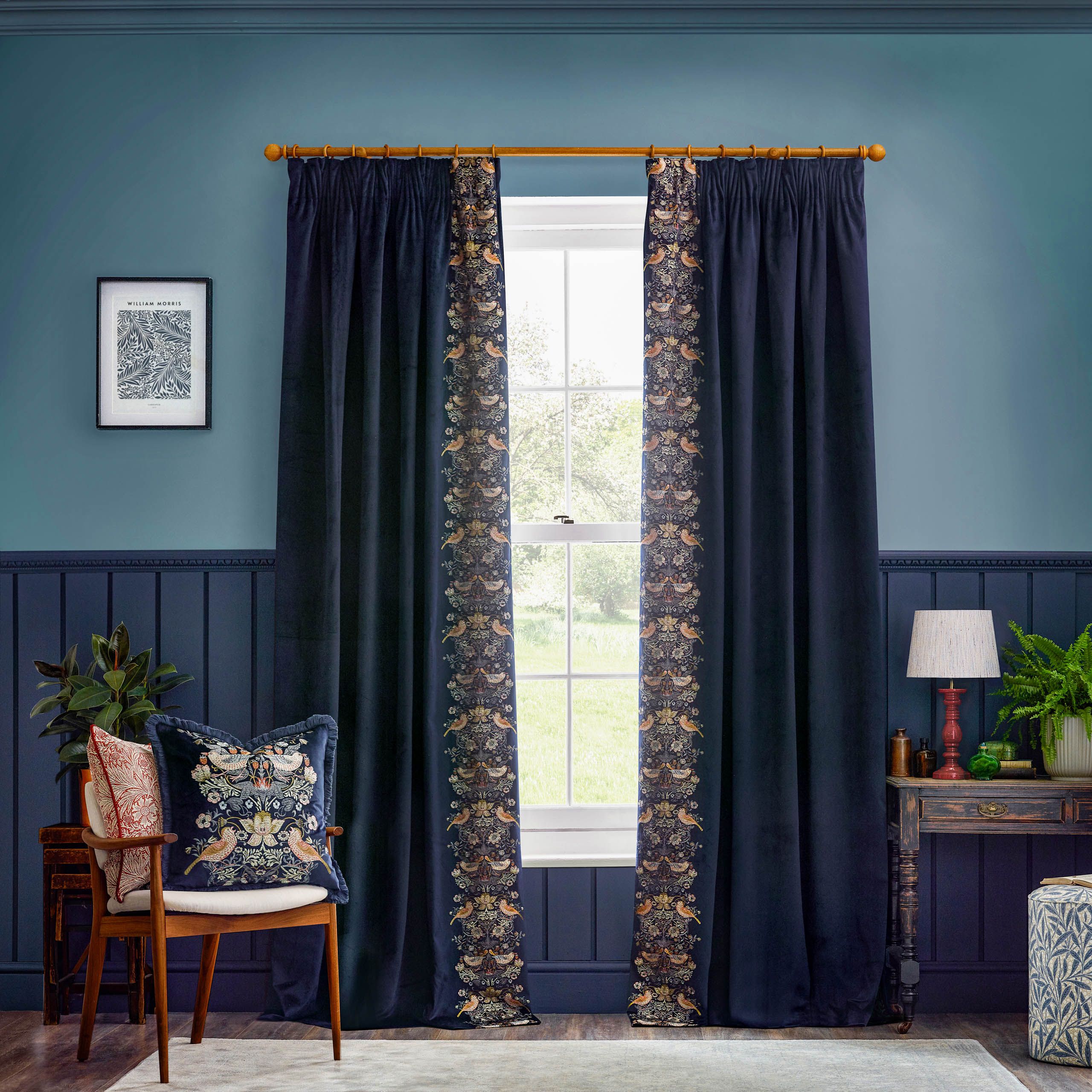 Morris & Co Strawberry Thief Embroidered Velvet Room Darkening Pencil Pleat Curtain Pair