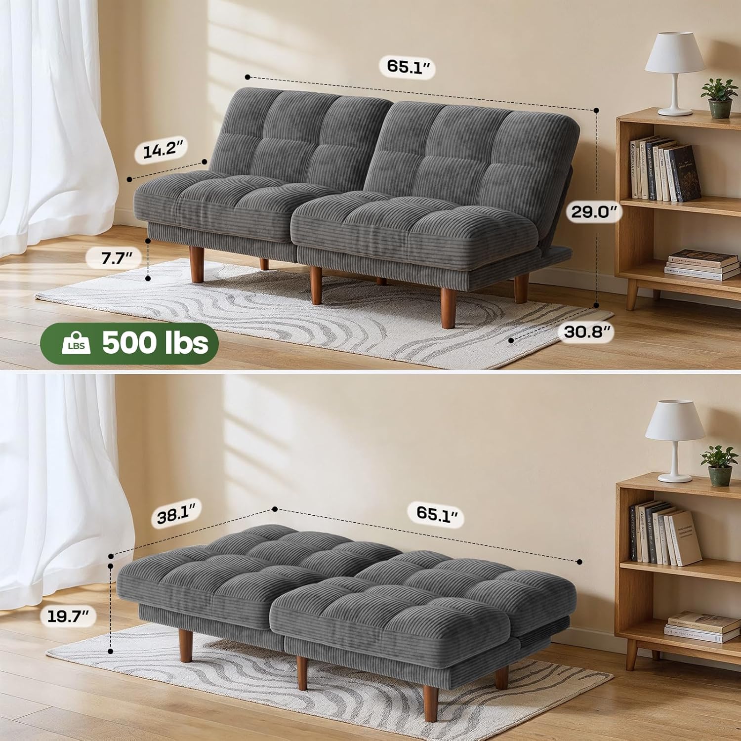 Marsail 65 Futon Sofa Bed, Convertible Small Recliner Sleeper Sofa Bed with Adjustable Backrest, Corduroy Loveseat Futon Couch for Small Apartments, Living Room Office, Guest Room (Grey)