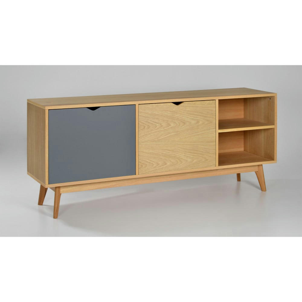 STRÖM - Meuble TV design 2 portes chêne porte gris souris