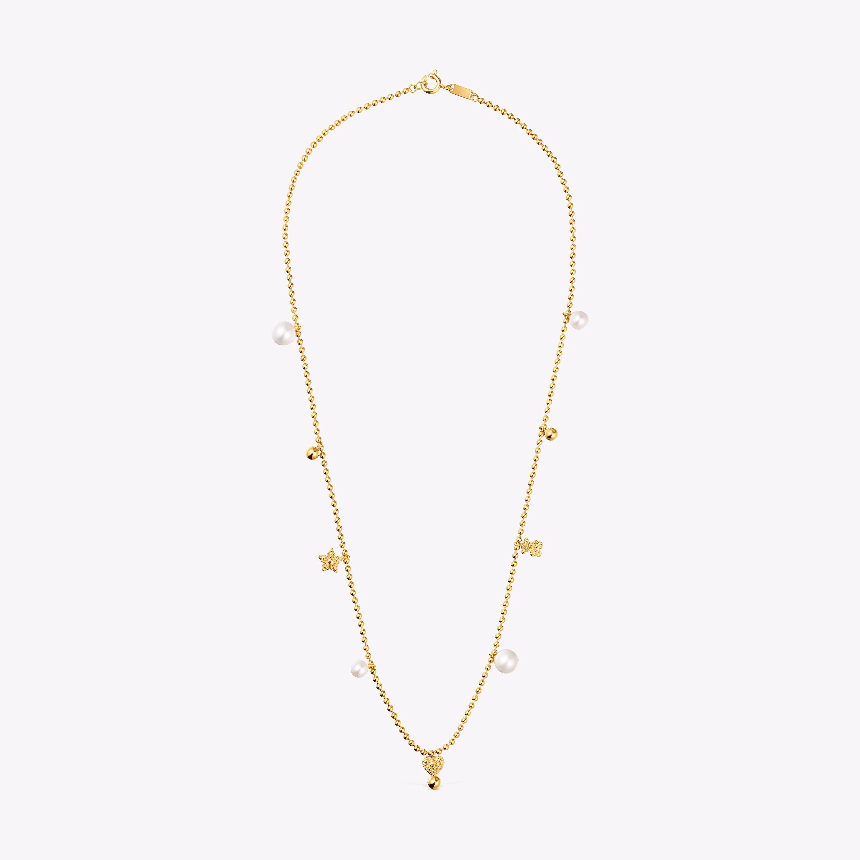 Collar corto con baño de oro de 18 kt sobre plata, perlas cultivadas y motivos TOUS Grain
