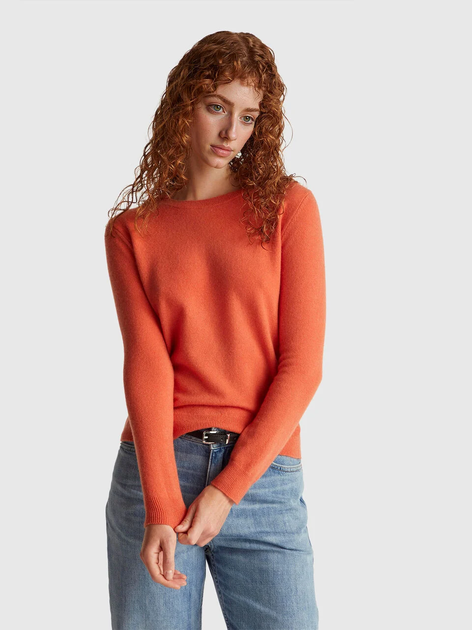 Orange crew neck sweater in Merino wool