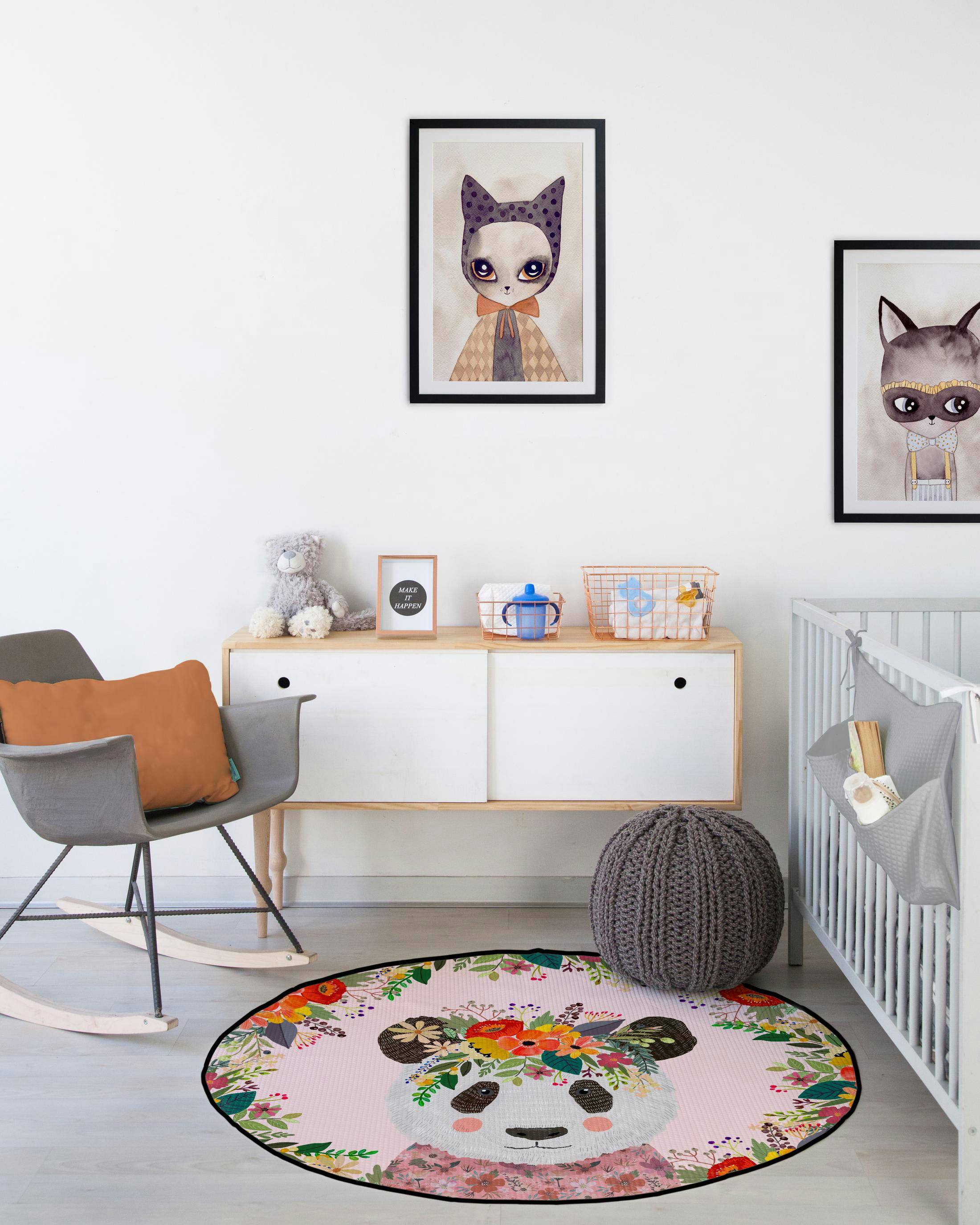 FLORAL PANDA - Tapis enfants circulaire en piqué à imprimé panda floral