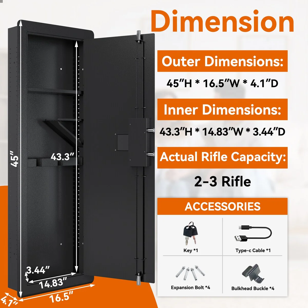 Roomfitters Wall Gun Safe: Quick-Access Rifle Safe with Removable Shelf and Digital Keypad (Black and Silver)