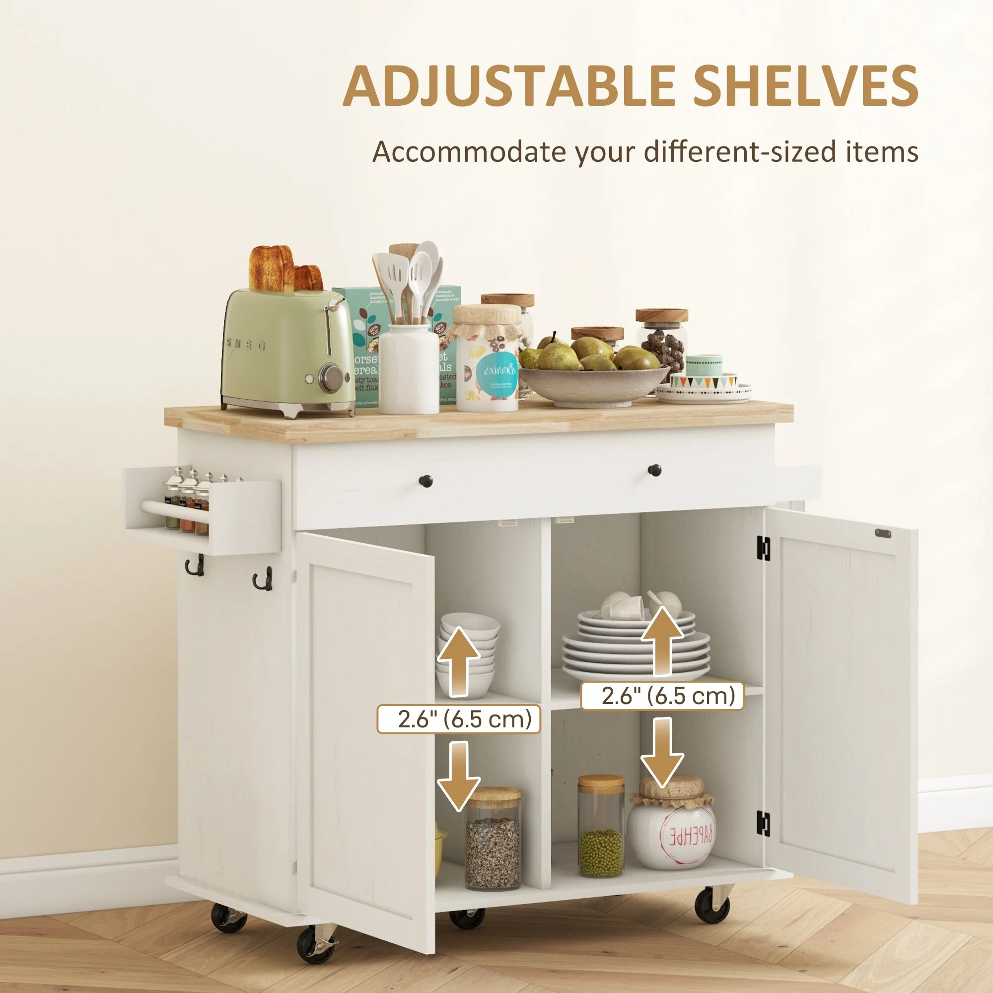 Rolling Kitchen Island Cart on Wheels with Drawer, 2 Cabinets, Rubberwood Top, Spice Rack, Towel Racks and 2 Hooks