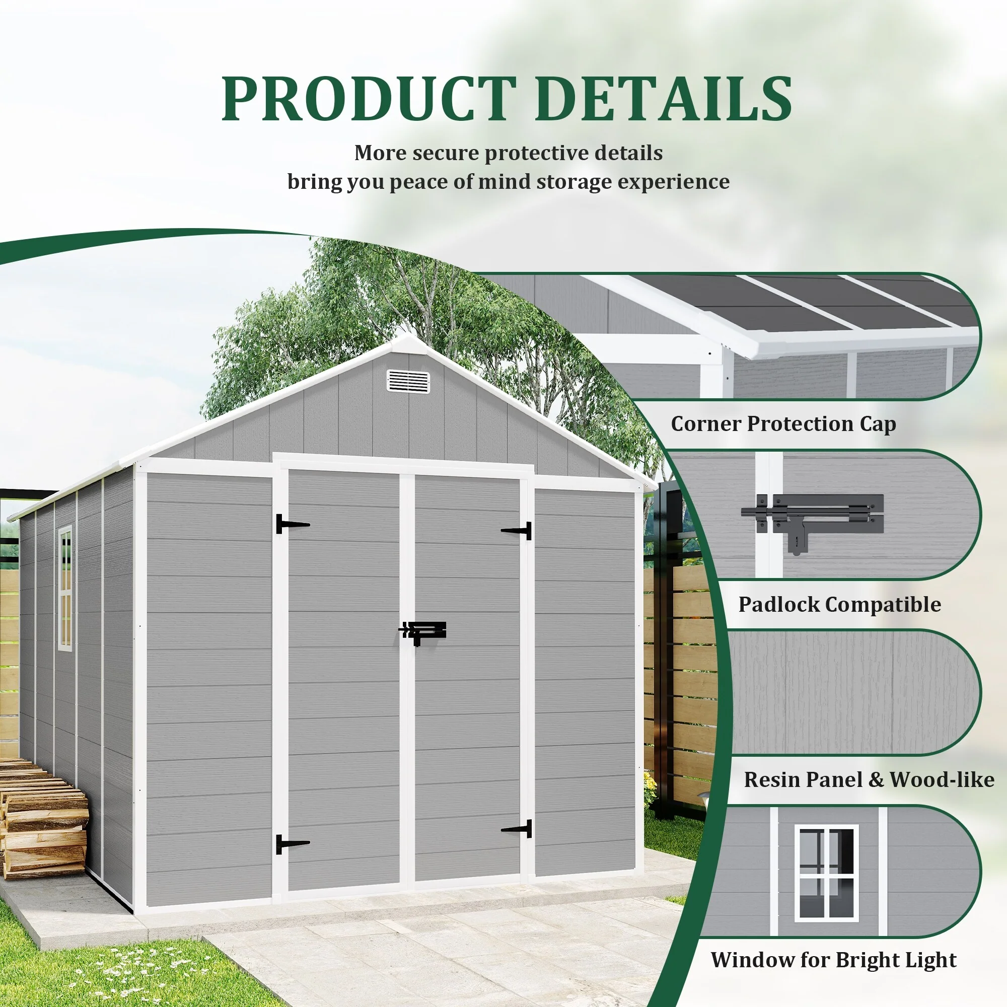 Campcraft 8*10ft resin storage shed, high quality pp material, strong structure, waterproof, rust and UV proof