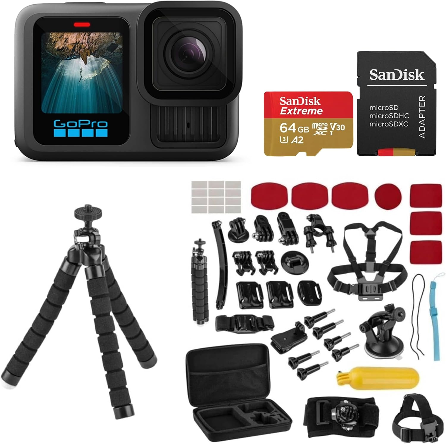 GoPro HERO13 Black - Waterproof Action Camera with 5.3K60 Video  27MP Photo  Bundle with Froggi Extreme Sport 47-pc Accessories Kit  64GB microSD Card (HERO13 Black)