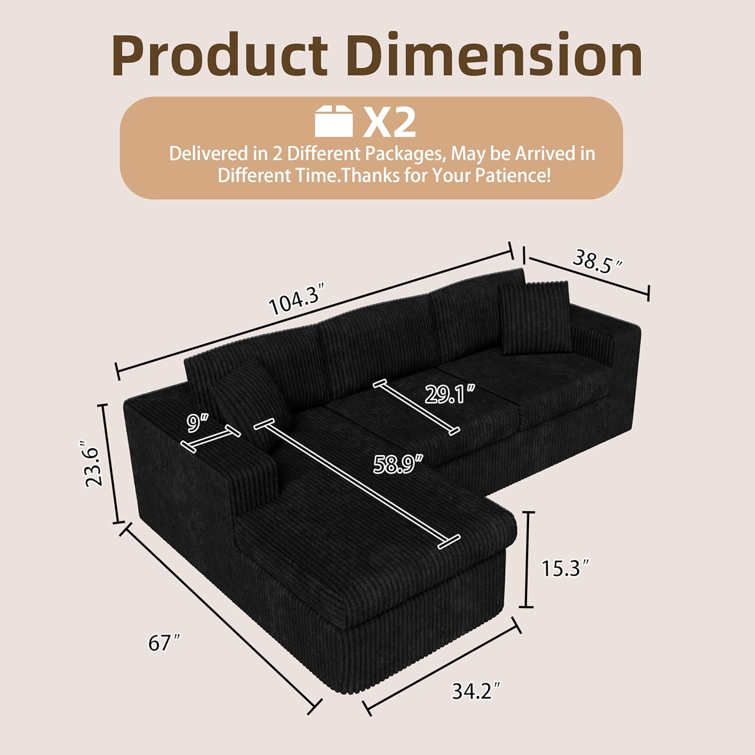 Shintenchi 105 Modular Sectional Sofa, Boneless L Shaped Couch with Deep Seat, Cloud Foam Couch with Oversized Chaise, Plush Corduroy Sofa No Assembly Needed for Living Room, Black