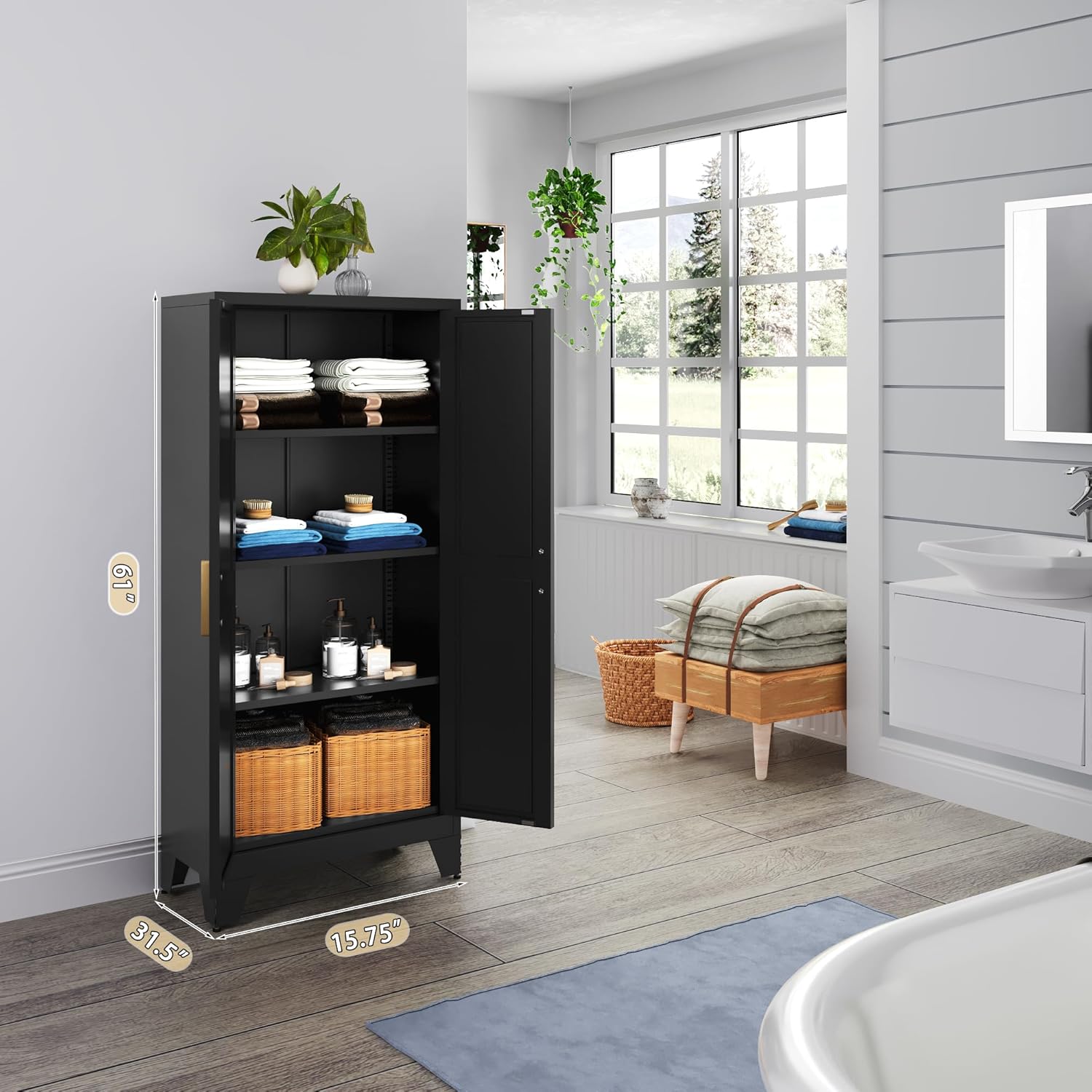 61 Tall Farmhouse Metal Pantry Cabinet, Kitchen Pantry Storage Cabinets with 2 Barn Door and Adjustable Shelves,Metal Pantry Storage Cabinet,for Kitchen,Laundry Room,Home Office,Kids Room (Black)