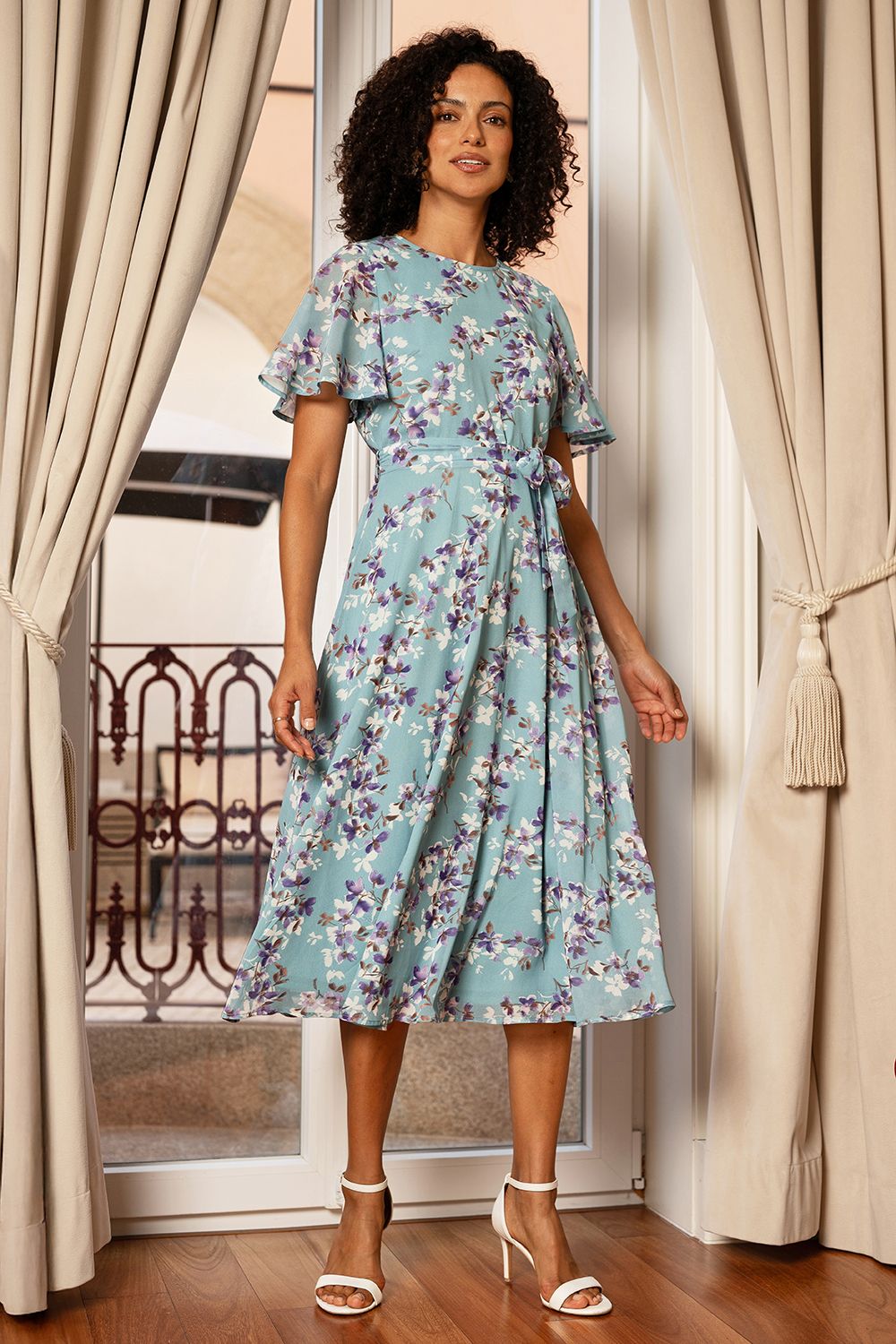 Yumi Blossom Skater Midi Dress With Angel Sleeves